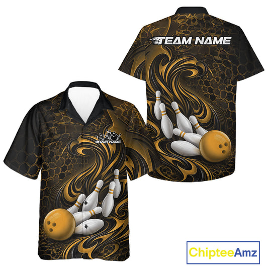 Front and back view of a black and yellow button-up bowling shirt featuring a tribal flame bowling ball and pins graphic