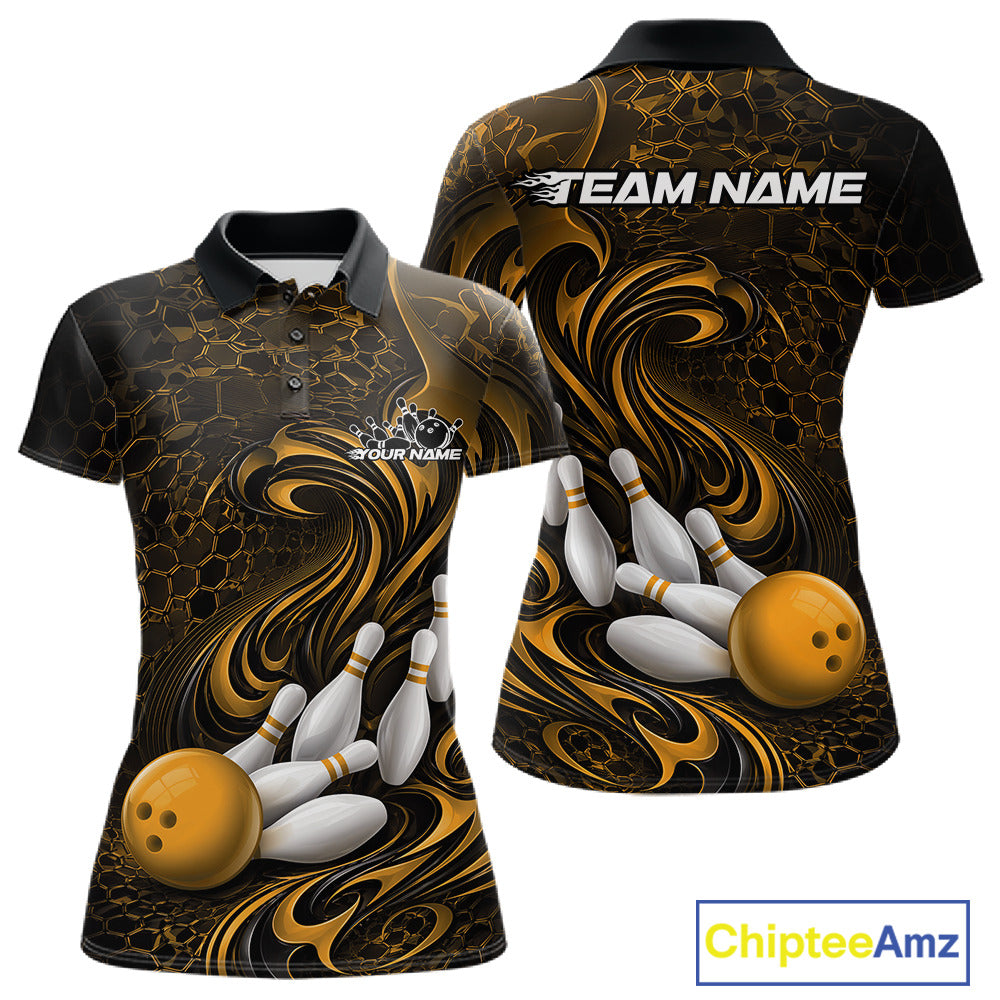 Front and back view of a black and yellow womens bowling polo shirt featuring a tribal flame bowling ball and pins graphic