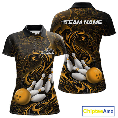 Front and back view of a black and yellow womens bowling polo shirt featuring a tribal flame bowling ball and pins graphic