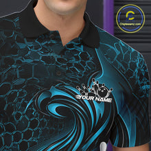 Load image into Gallery viewer, Close-up of the left chest on a black and blue bowling polo shirt featuring a tribal flame bowling ball and pins graphic
