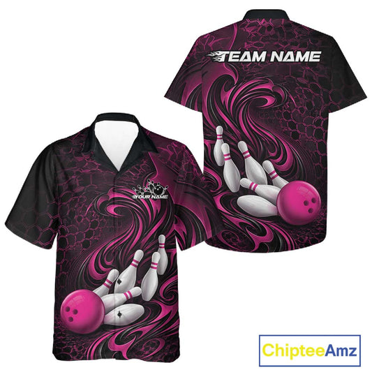 Front and back mockup of a black and pink button-up bowling shirt featuring a tribal flame bowling ball and pins graphic.