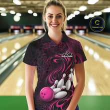 Load image into Gallery viewer, Custom Black And Pink Tribal Flame Women Bowling Team Shirt, Polygonal Bowling Jerseys IPHW11385