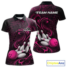 Load image into Gallery viewer, Custom Black And Pink Tribal Flame Women Bowling Team Shirt, Polygonal Bowling Jerseys IPHW11385