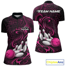 Load image into Gallery viewer, Front and back mockup of a womens black and pink bowling quarter-zip pullover featuring a tribal flame bowling ball and pins graphic.