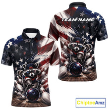 Load image into Gallery viewer, Front and back view of a men's bowling polo shirt mockup with artwork of a raccoon wearing patriotic sunglasses rolling a bowling ball through scattered pins against a distressed American flag backdrop.