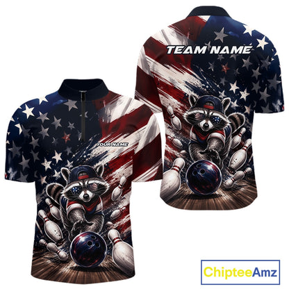 Front and back views of a men's bowling quarter-zip shirt mockup featuring a raccoon in patriotic sunglasses rolling a bowling ball through scattered pins against a distressed American flag backdrop.