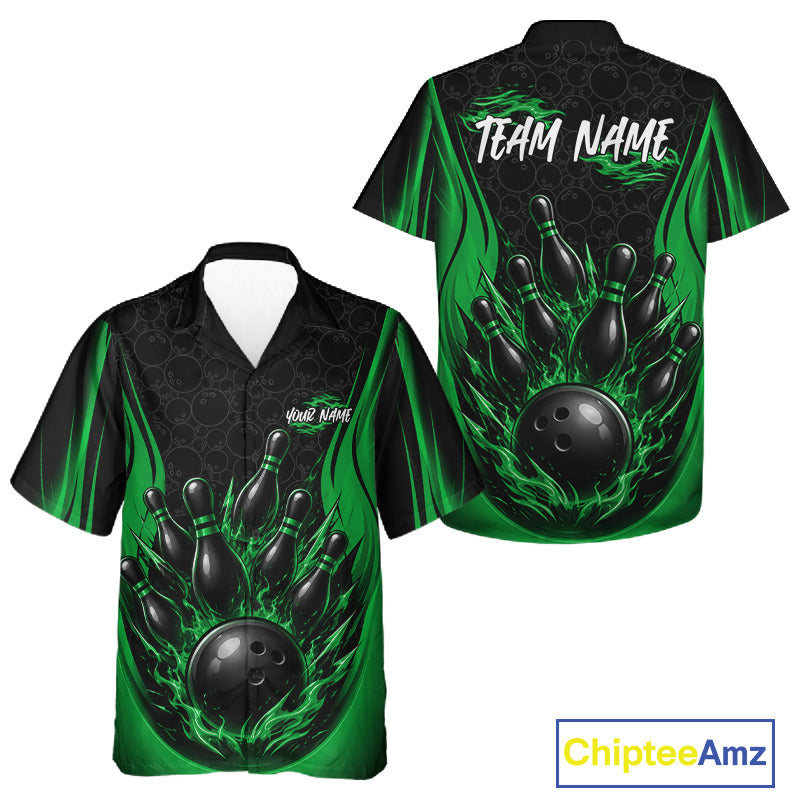 Custom Black And Green Fire Flame Bowling Jerseys, Bowling Men And Women Hawaiian Shirts IPHW11688