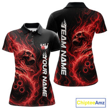 Load image into Gallery viewer, Front and back view of a black womens bowling polo shirt featuring a skull clutching a bowling ball engulfed in swirling red energy flames
