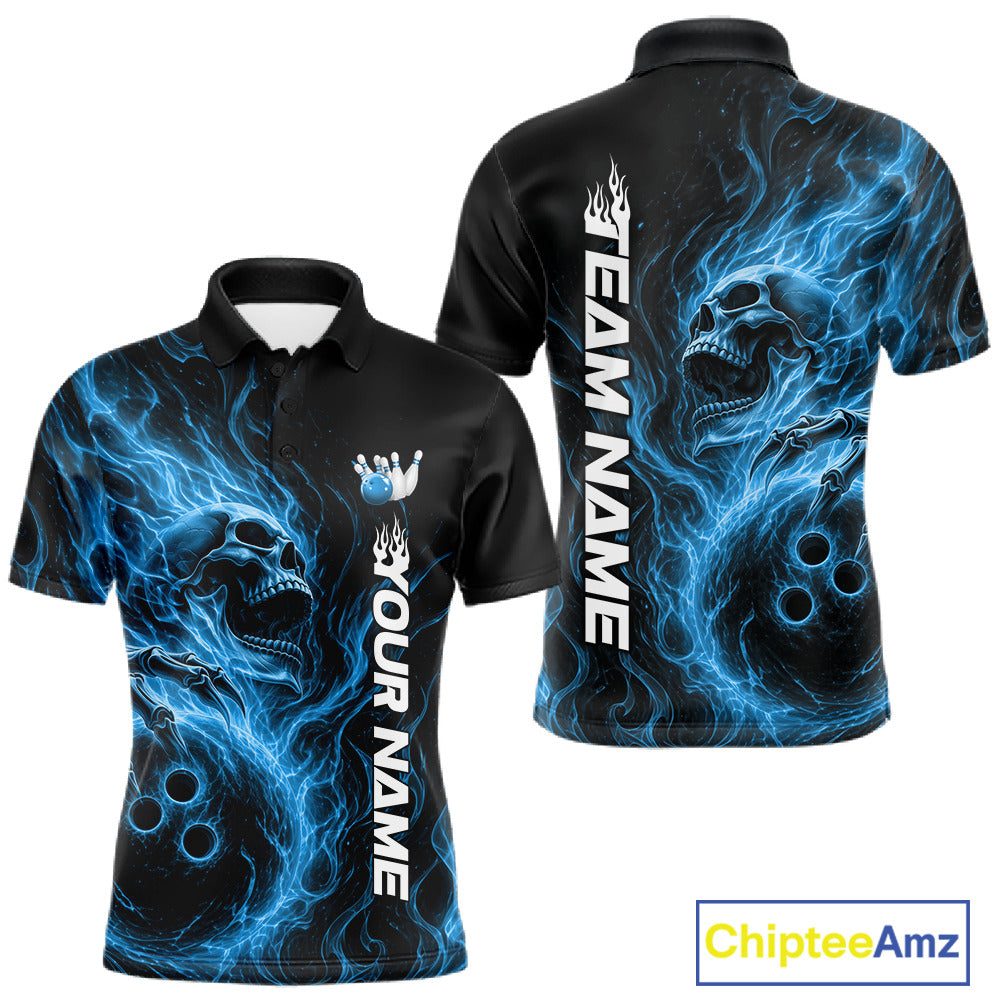 Front and back view of a black mens bowling polo shirt featuring a skull clutching a bowling ball surrounded by swirling blue energy flames
