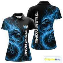 Load image into Gallery viewer, Front and back view of a women's bowling polo shirt mockup featuring a blue flaming skull holding a bowling ball surrounded by swirling energy on a black shirt