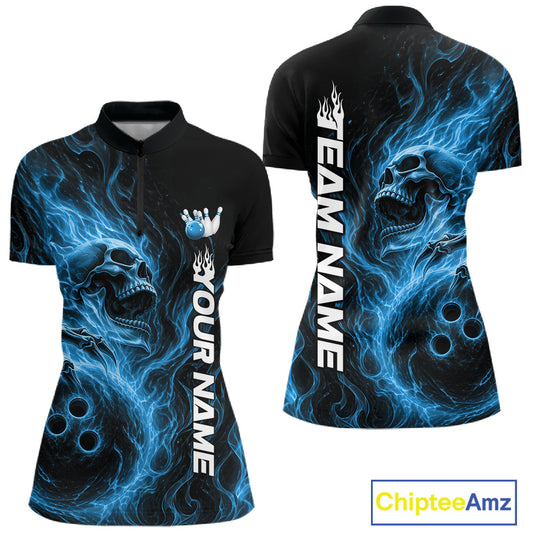 Front and back view of a women's bowling quarter-zip shirt mockup featuring a blue energy-flame skull clutching a bowling ball on a black shirt