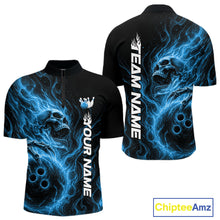 Load image into Gallery viewer, Custom Blue Flame Skull Bowling Men Quarter-Zip Shirts, Gothic Halloween Team Bowling Outfit IPHW11388