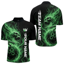 Load image into Gallery viewer, Front and back view of a black mens bowling quarter-zip shirt featuring a skull clutching a bowling ball engulfed in swirling green energy flames