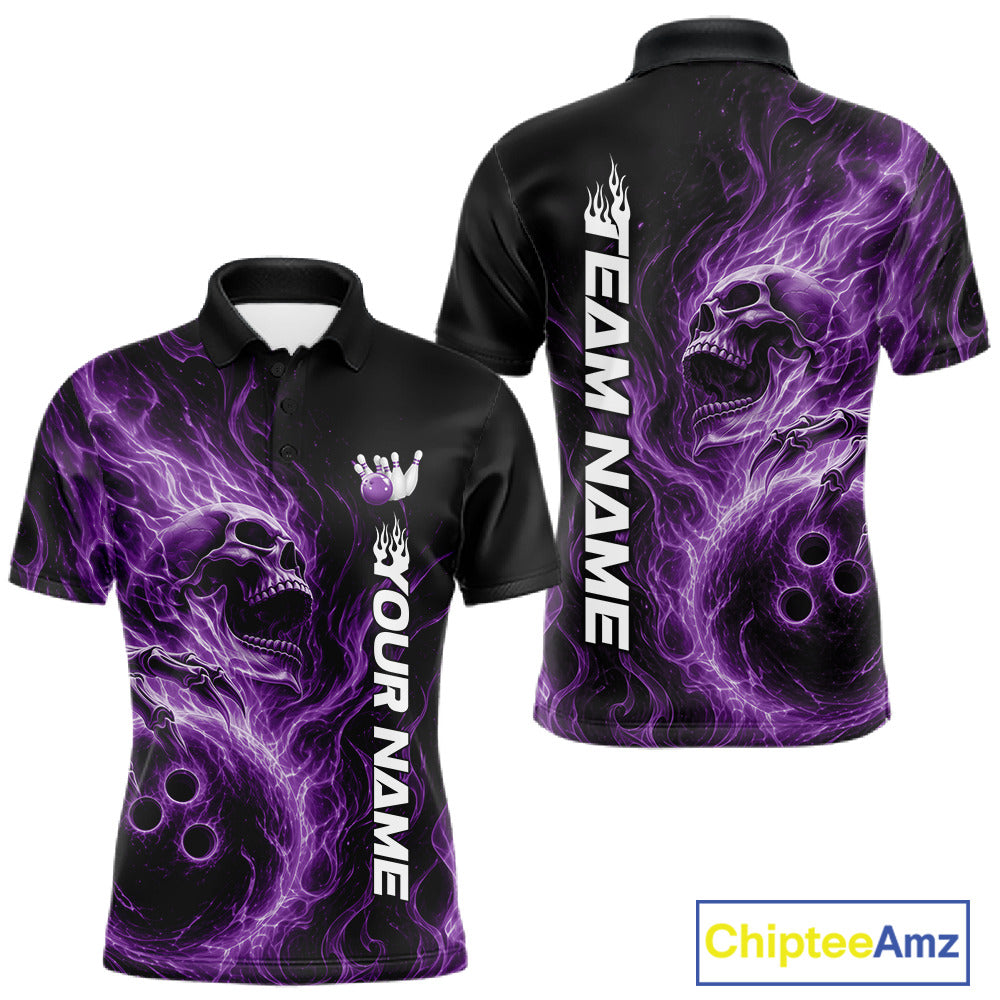 Front and back view of a black men's bowling polo shirt featuring a skull clutching a bowling ball surrounded by swirling purple energy flames