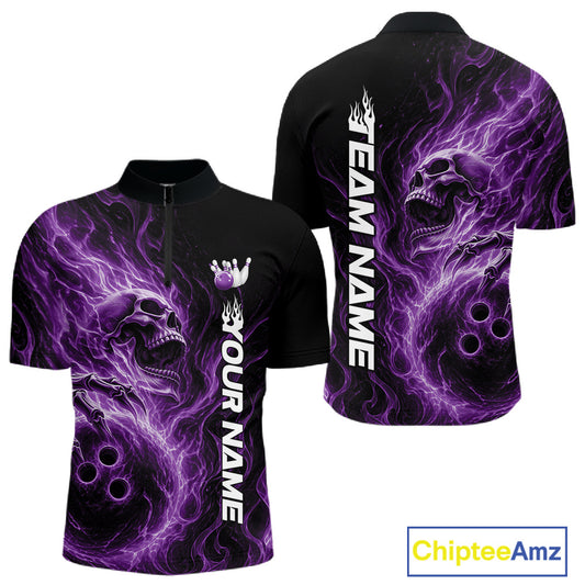 Front and back view of a black mens bowling quarter-zip shirt featuring a skull clutching a bowling ball surrounded by swirling purple energy flames