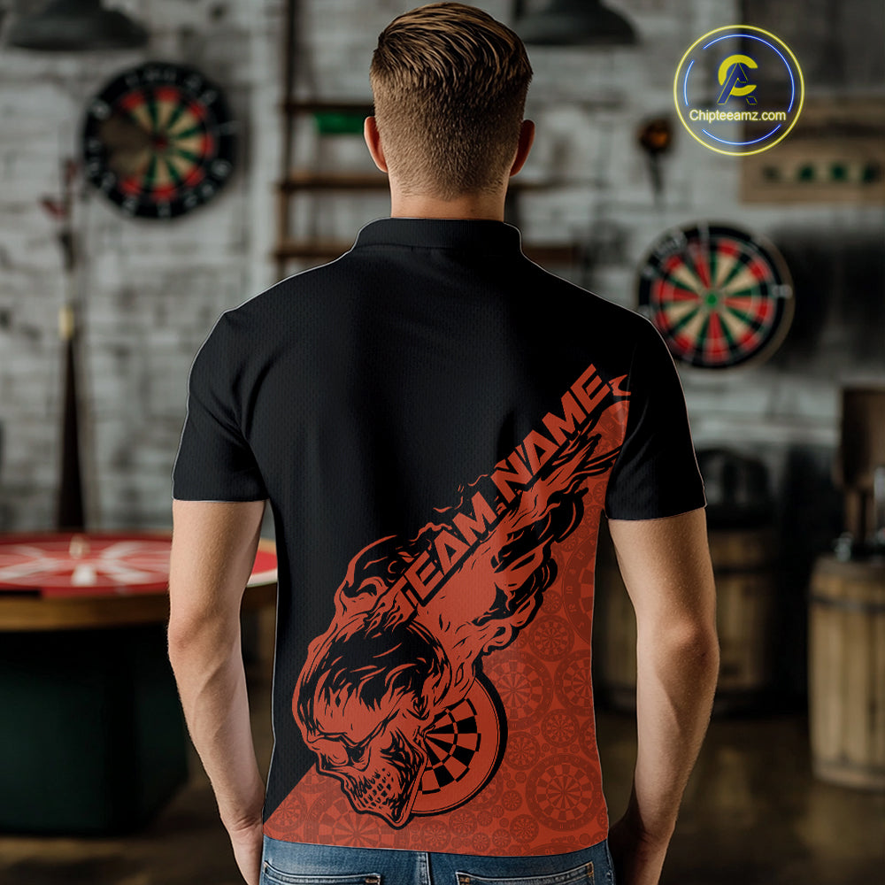 Custom Orange Flame Skull Dartboard Dart Men Polo Shirt, Halloween Dart Team Outfit IPHW9943