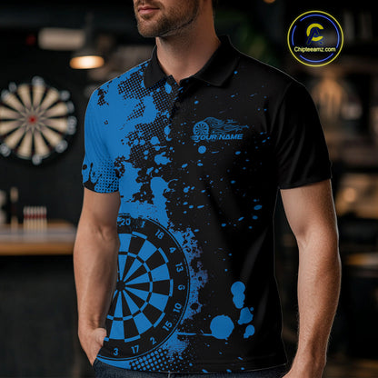 Custom Black And Blue Splatter Dartboard Dart Polo Shirt For Men, Grunge Dart Team Jerseys IPHW9958