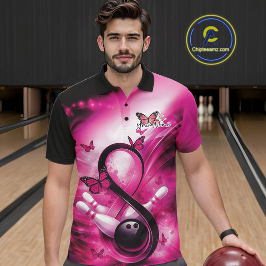 Male model at a bowling alley wearing a bowling polo decorated with awareness-themed bowling graphics and butterflies.