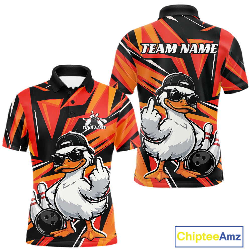 Front and back mens bowling polo mockup featuring a duck beside a bowling ball and pins with geometric accents in black and orange.