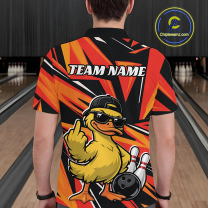 Back view of a mens bowling polo showcasing duck artwork, bowling pins, and a bold geometric background.