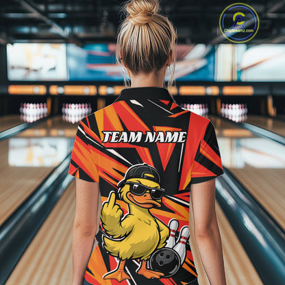 Back view of a womens bowling quarter-zip with bold duck-themed bowling graphics and geometric background details.