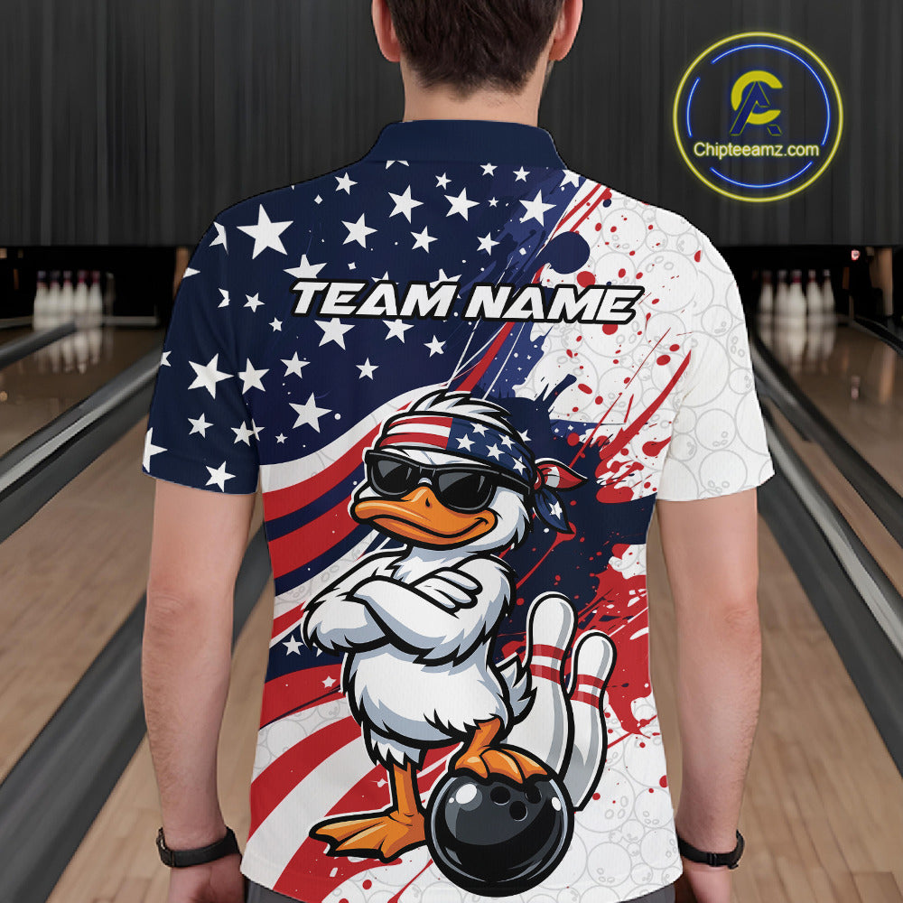 Back view of a bowling polo featuring a patriotic duck-themed bowling illustration.