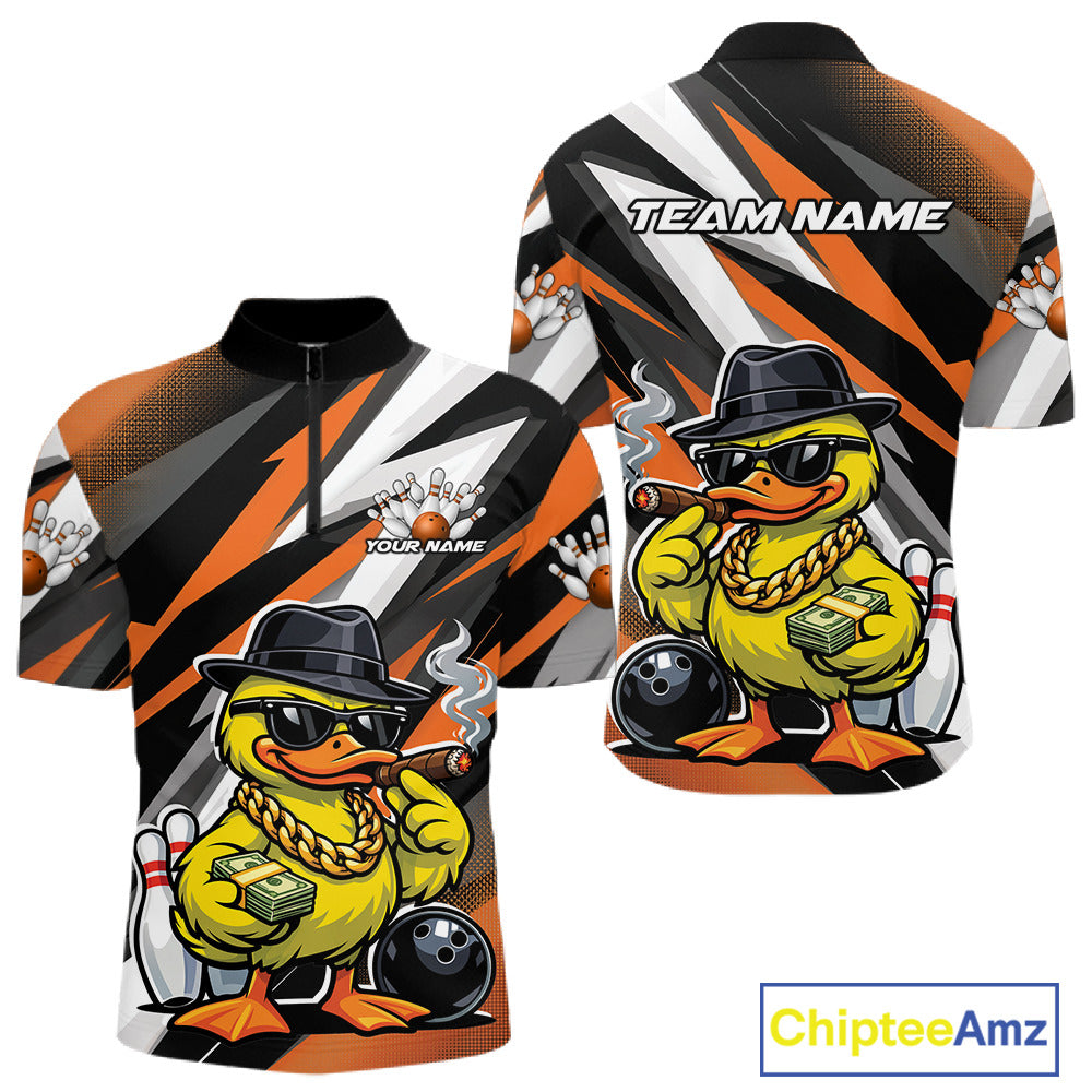 Front and back view of a men’s quarter-zip bowling shirt mockup featuring duck in sunglasses and fedora holding cash and cigar beside bowling ball and pins black and orange design