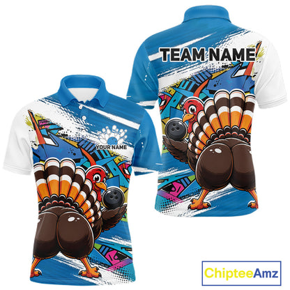 Front and back views of a blue custom men's bowling polo shirt featuring an urban street style graffiti turkey holding a bowling ball.