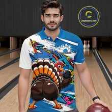 Load image into Gallery viewer, Front view of a male model wearing a blue custom bowling polo shirt featuring a funny graffiti style turkey holding a bowling ball, paint splatter details, and a custom name in a bowling alley.