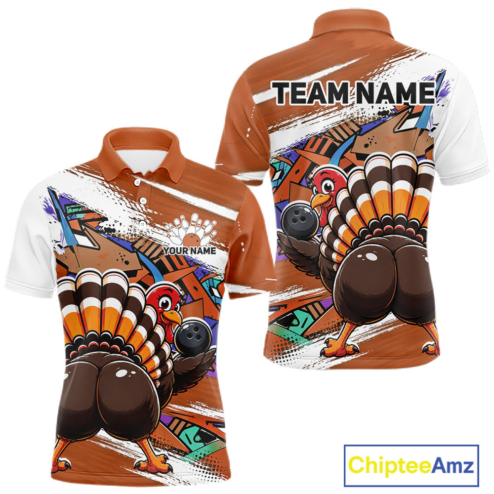 Front and back views of an orange custom men's bowling polo shirt featuring an urban street style graffiti turkey holding a bowling ball.