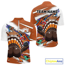 Load image into Gallery viewer, Front and back views of an orange custom quarter zip bowling shirt featuring a funny graffiti turkey holding a bowling ball, paint splatter accents, and a personalized name.