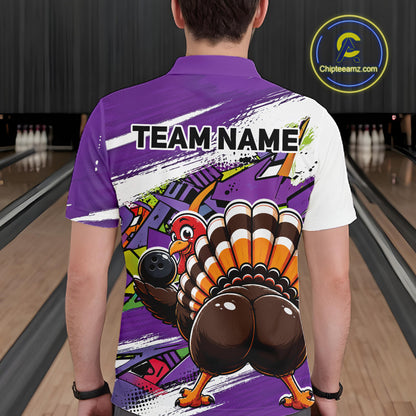 Back view of a male model wearing a purple custom bowling polo shirt featuring a funny graffiti style turkey holding a bowling ball, paint splatter details, and a custom name in a bowling alley.