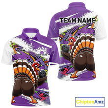 Load image into Gallery viewer, Front and back views of a purple custom men's bowling polo shirt featuring an urban street style graffiti turkey holding a bowling ball.