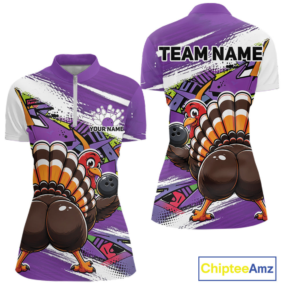 Front and back views of a purple custom women's quarter zip bowling shirt featuring a funny graffiti turkey holding a bowling ball, paint splatter accents, and a personalized name.