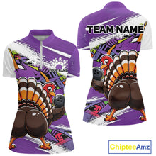 Load image into Gallery viewer, Front and back views of a purple custom women's quarter zip bowling shirt featuring a funny graffiti turkey holding a bowling ball, paint splatter accents, and a personalized name.