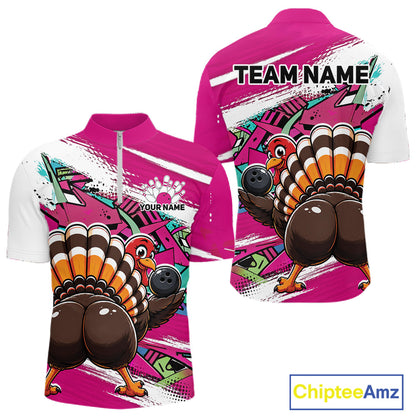 Front and back views of a pink custom quarter zip bowling shirt featuring a funny graffiti turkey holding a bowling ball, paint splatter accents.