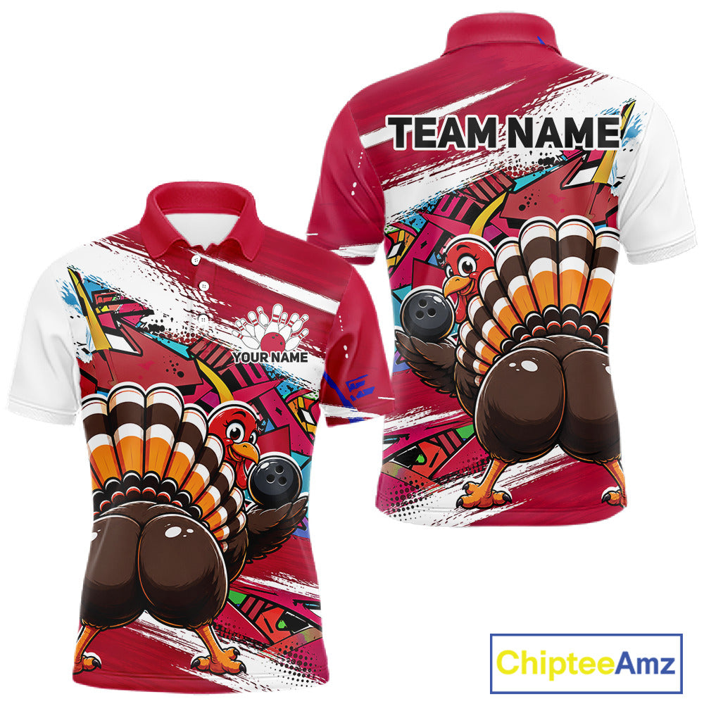 Front and back views of a red custom men's bowling polo shirt featuring an urban street style graffiti turkey holding a bowling ball.
