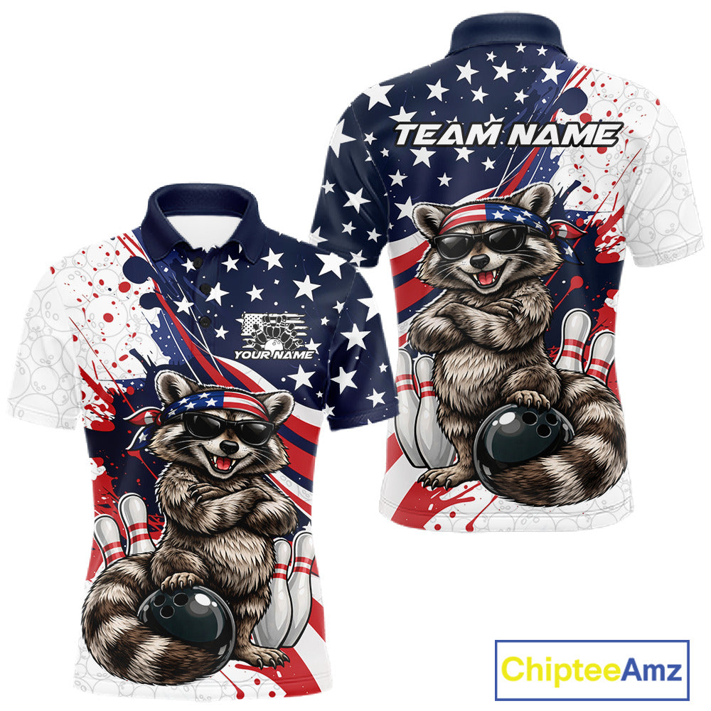 Front and back mens bowling polo mockup featuring a raccoon in sunglasses and patriotic bandana leaning on a bowling ball.