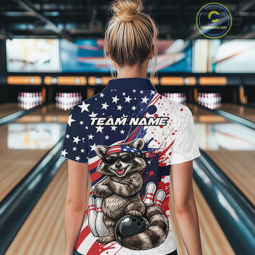 Back view female model in bowling lane wearing polo shirt with raccoon sunglasses patriotic bandana leaning on bowling ball design