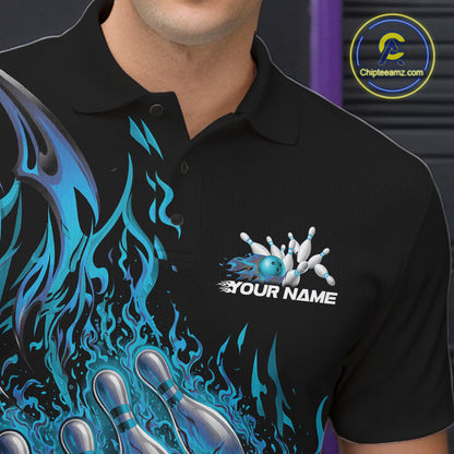 Detailed left chest view of a black and blue bowling polo with flaming bowling ball and pin artwork.