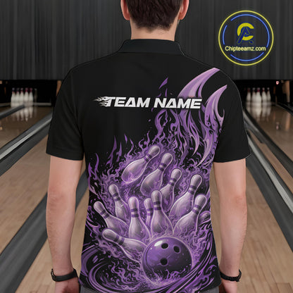 Back view of a male model in a black and purple bowling polo shirt displaying dynamic flame-inspired bowling graphics.