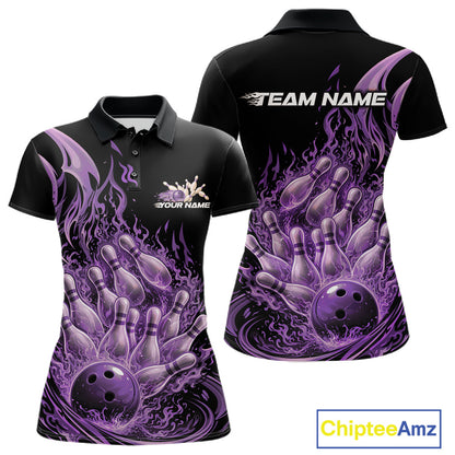 Front and back view of a women’s polo shirt featuring flaming bowling ball crashing into pins red fire theme artwork