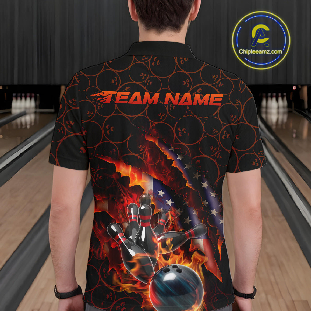 Custom Patriotic Flame Men Bowling Team Shirt, US Flag Bowling League Team Shirt IPHW10192