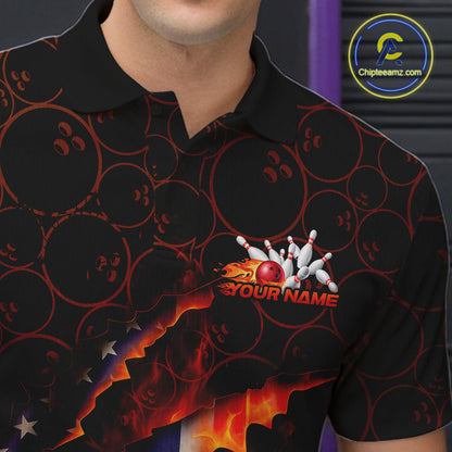 Custom Patriotic Flame Men Bowling Team Shirt, US Flag Bowling League Team Shirt IPHW10192