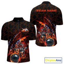 Load image into Gallery viewer, Custom Patriotic Flame Men Bowling Team Shirt, US Flag Bowling League Team Shirt IPHW10192