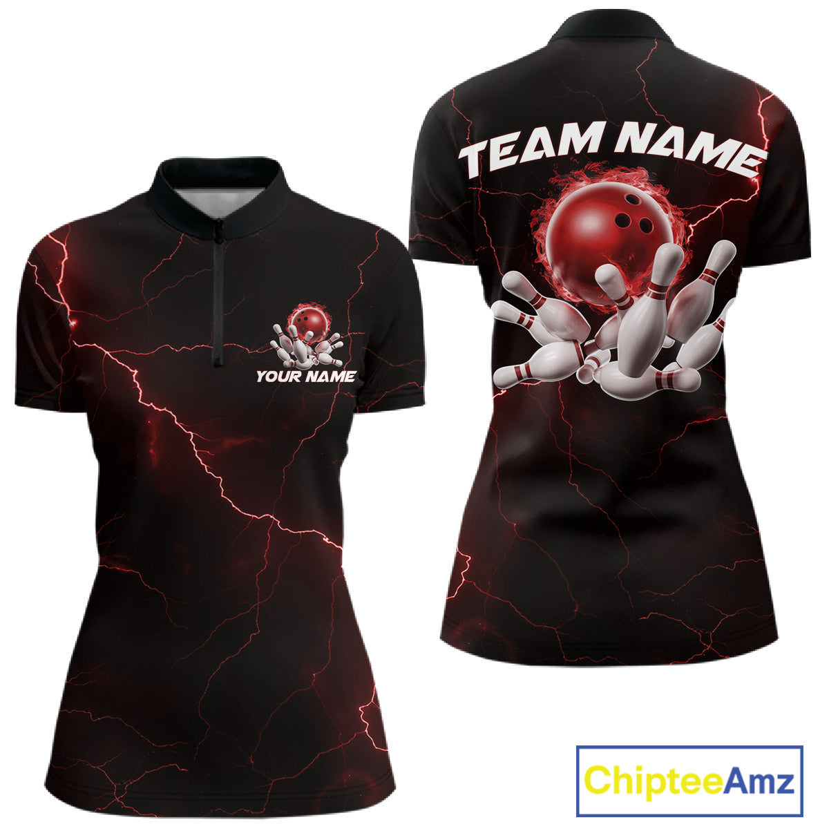 Custom Red Thunder Lightning Flame Bowling Ball Women Bowling Team Shirt Bowler Outfit IPHW10672