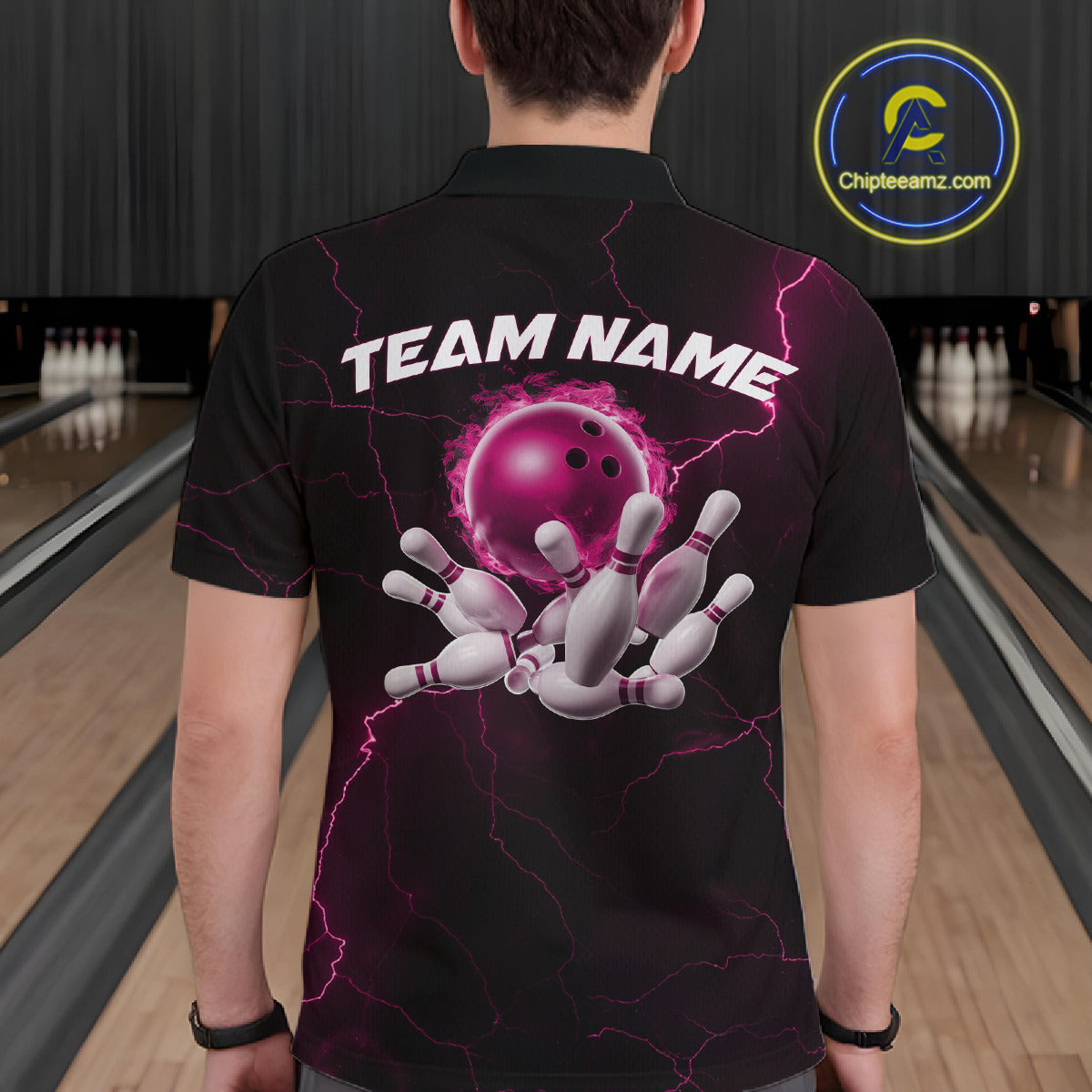 Custom Pink Thunder Lightning Flame Bowling Ball Men Bowling Team Shirt Bowler Outfit IPHW10673