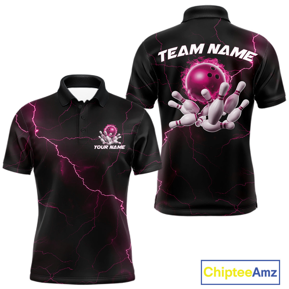 Custom Pink Thunder Lightning Flame Bowling Ball Men Bowling Team Shirt Bowler Outfit IPHW10673