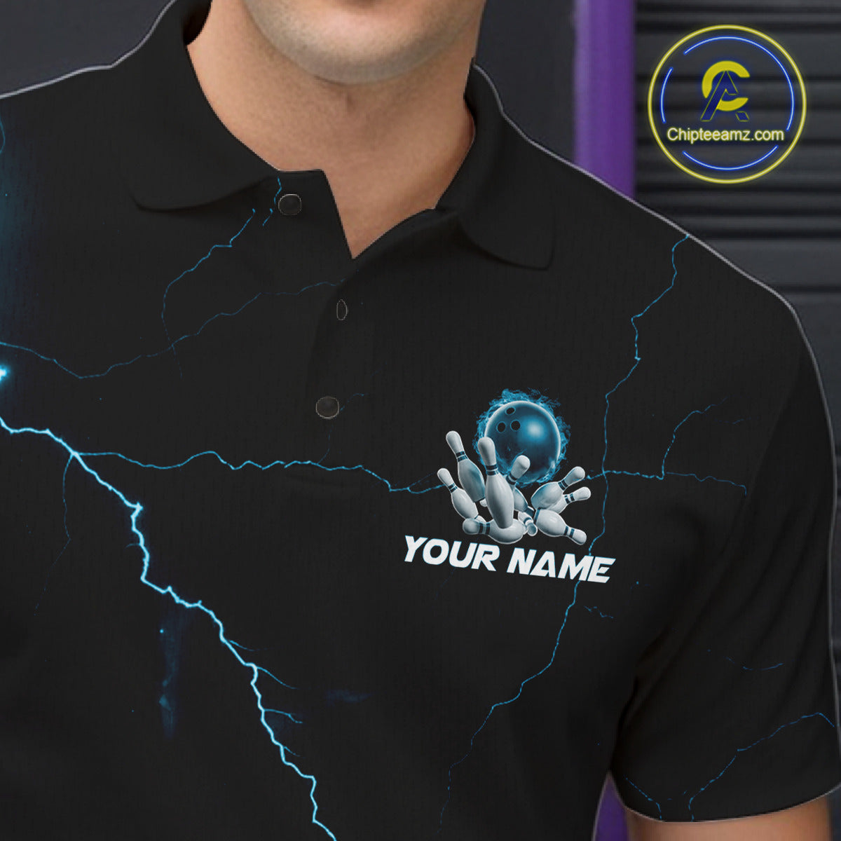 Custom Blue Thunder Lightning Flame Bowling Ball Men Bowling Team Shirt Bowler Outfit IPHW10674