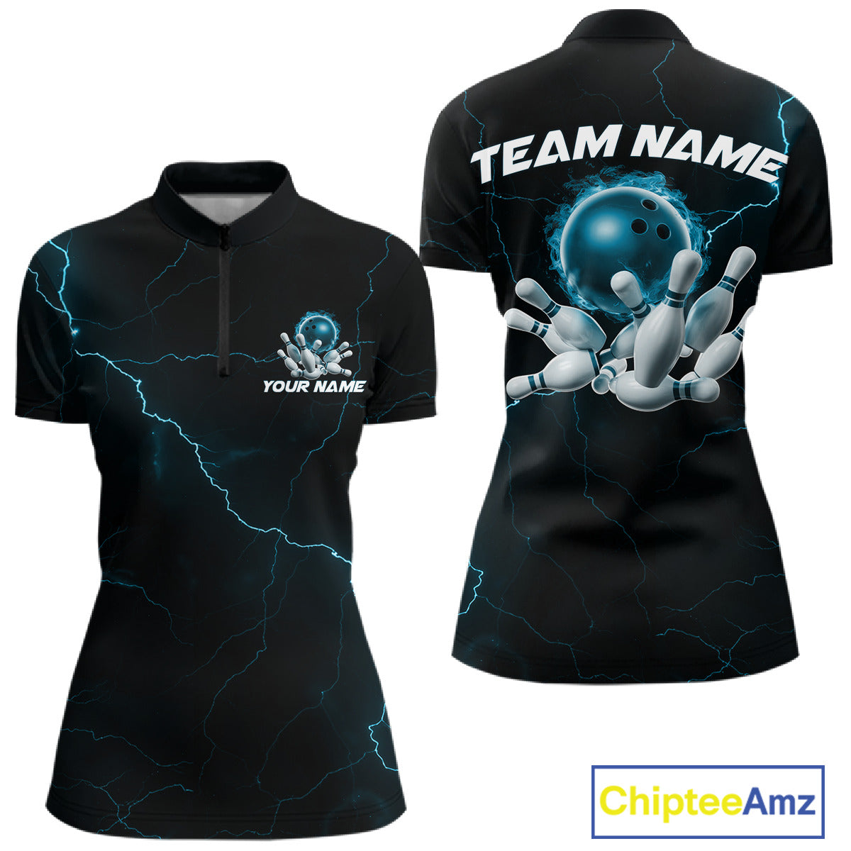 Custom Blue Thunder Lightning Flame Bowling Ball Women Bowling Team Shirt Bowler Outfit IPHW10674